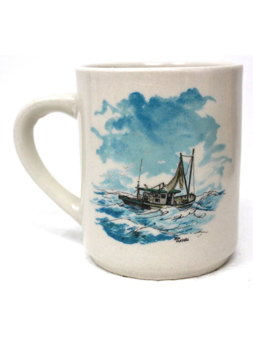 Nautical Sail Boat Coffee Cup Mug Ocean Sea VTG Blue White Captain #S-3